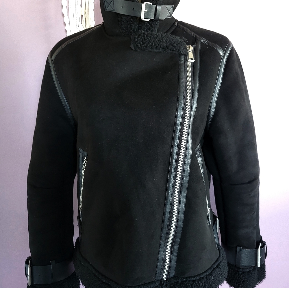 Zara Black Faux Suede Sherpa Lined Oversized Buckle Aviator Bomber Jacket Coat - Picture 10 of 14